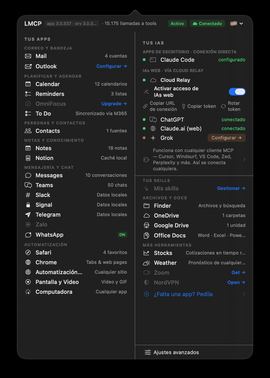 App de barra de menú de LMCP mostrando 15 apps  conectadas